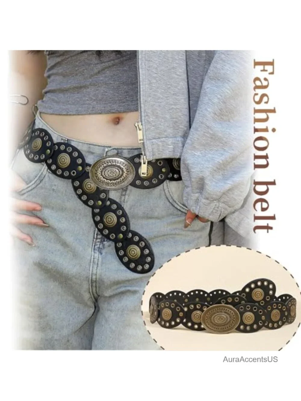 Western Chunky Wide PU Leather Disc Belt with Concho Buckle Boho Cowgirl
